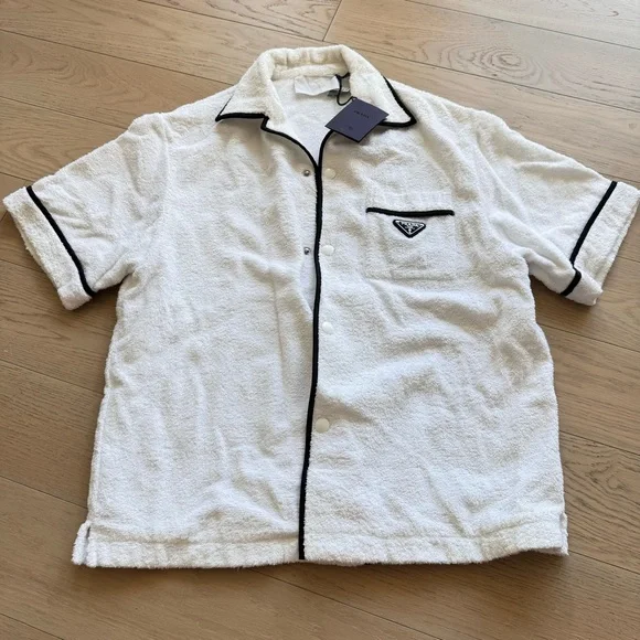 半額以下★PRADA Terry Bowling Shirt White Prada 2021 Terry Cloth Bowling Dress Shirt - White Casual